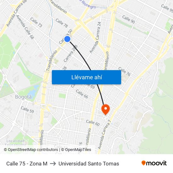 Calle 75 - Zona M to Universidad Santo Tomas map
