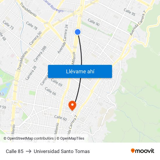 Calle 85 to Universidad Santo Tomas map