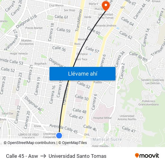 Calle 45 - Asw to Universidad Santo Tomas map