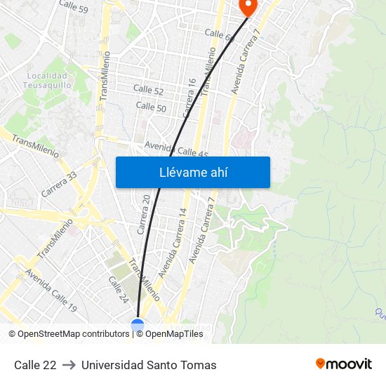 Calle 22 to Universidad Santo Tomas map
