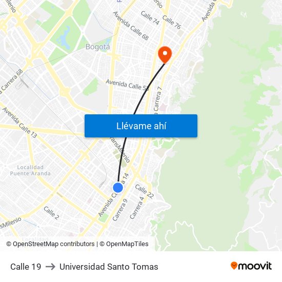 Calle 19 to Universidad Santo Tomas map