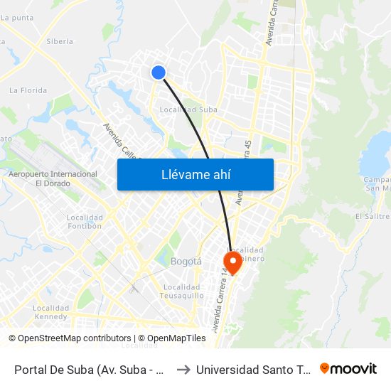 Portal De Suba (Av. Suba - Kr 106) to Universidad Santo Tomas map