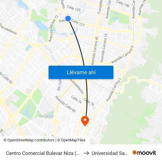 Centro Comercial Bulevar Niza (Ac 127 - Av. Suba) to Universidad Santo Tomas map