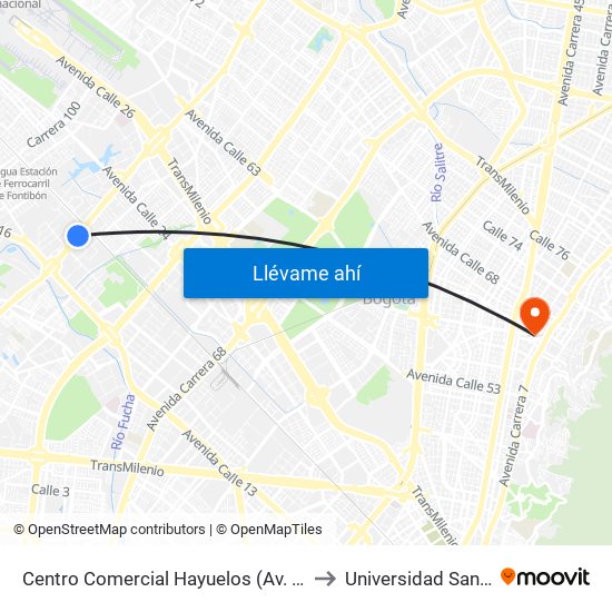 Centro Comercial Hayuelos (Av. C. De Cali - Cl 20) to Universidad Santo Tomas map