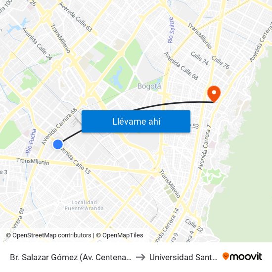 Br. Salazar Gómez (Av. Centenario - Kr 65) (A) to Universidad Santo Tomas map