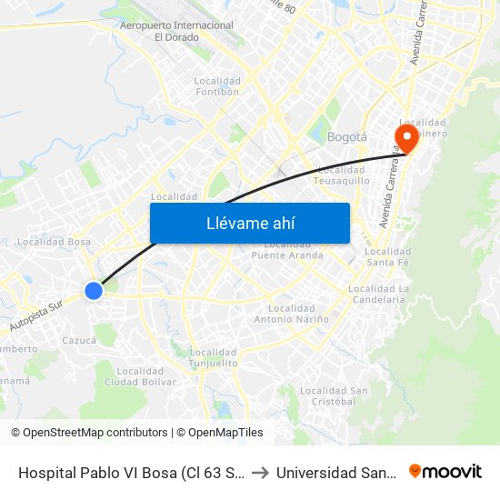 Hospital Pablo VI Bosa (Cl 63 Sur - Kr 77g) (A) to Universidad Santo Tomas map