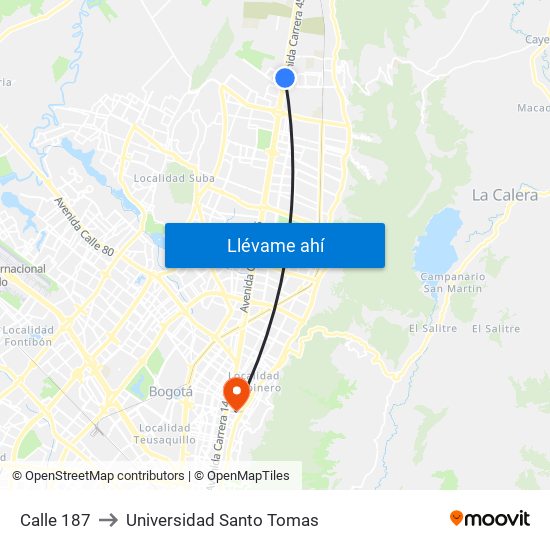 Calle 187 to Universidad Santo Tomas map