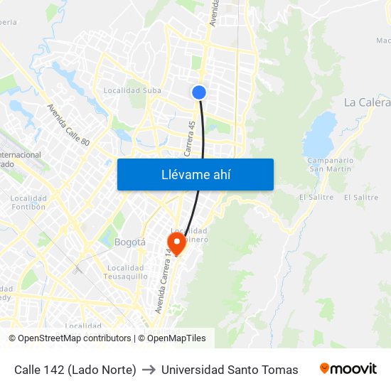 Calle 142 (Lado Norte) to Universidad Santo Tomas map