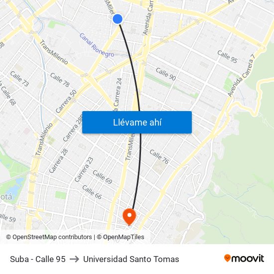 Suba - Calle 95 to Universidad Santo Tomas map
