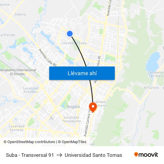 Suba - Transversal 91 to Universidad Santo Tomas map