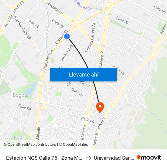 Estación NQS Calle 75 - Zona M (Av. NQS - Cl 75) to Universidad Santo Tomas map