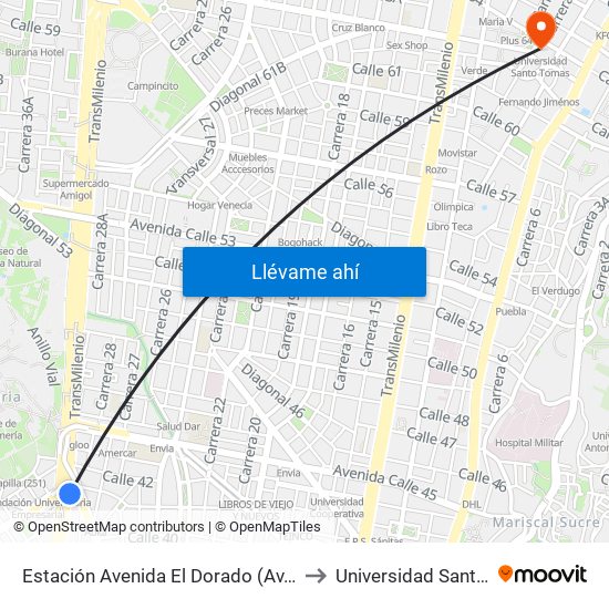 Estación Avenida El Dorado (Av. NQS - Cl 40a) to Universidad Santo Tomas map
