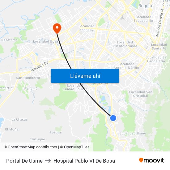 Portal De Usme to Hospital Pablo VI De Bosa map