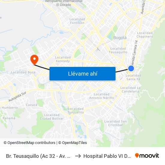 Br. Teusaquillo (Ac 32 - Av. Caracas) to Hospital Pablo VI De Bosa map