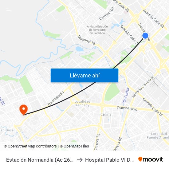 Estación Normandía (Ac 26 - Kr 74) to Hospital Pablo VI De Bosa map