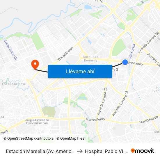 Estación Marsella (Av. Américas - Kr 69b) to Hospital Pablo VI De Bosa map