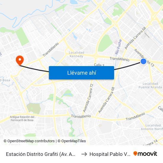 Estación Distrito Grafiti (Av. Américas - Kr 53a) to Hospital Pablo VI De Bosa map
