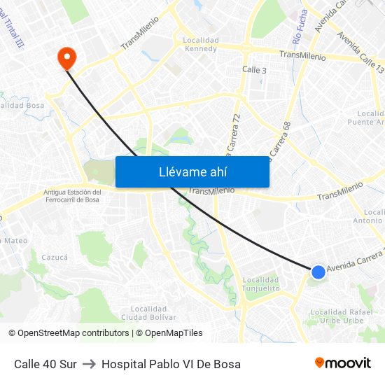 Calle 40 Sur to Hospital Pablo VI De Bosa map