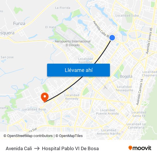 Avenida Cali to Hospital Pablo VI De Bosa map