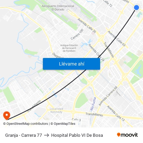 Granja - Carrera 77 to Hospital Pablo VI De Bosa map