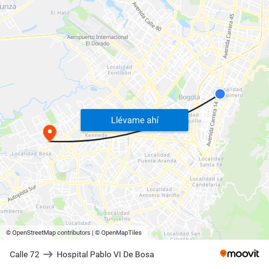Calle 72 to Hospital Pablo VI De Bosa map