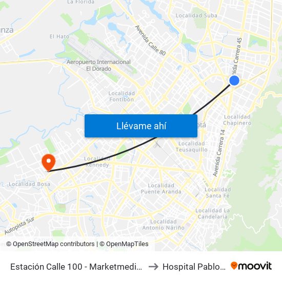 Estación Calle 100 - Marketmedios (Auto Norte - Cl 98) to Hospital Pablo VI De Bosa map