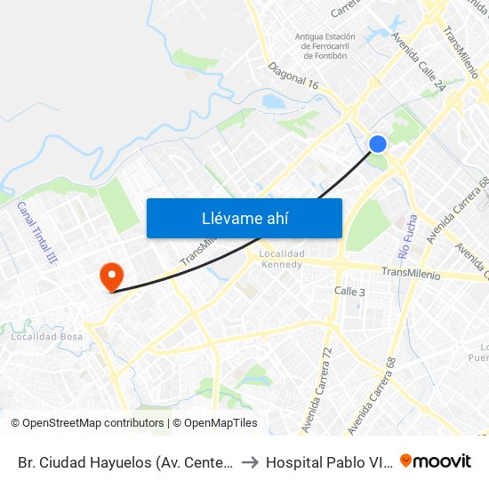 Br. Ciudad Hayuelos (Av. Centenario - Kr 78g) to Hospital Pablo VI De Bosa map