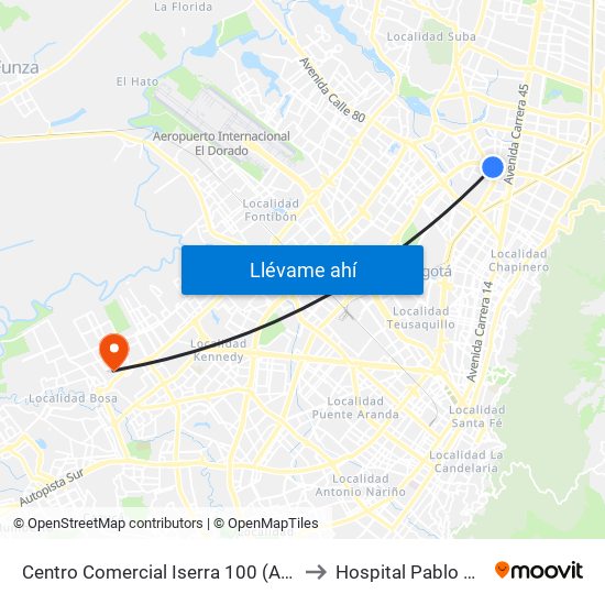 Centro Comercial Iserra 100 (Ac 100 - Kr 54) (B) to Hospital Pablo VI De Bosa map