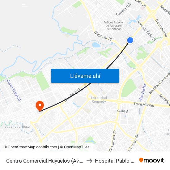 Centro Comercial Hayuelos (Av. C. De Cali - Cl 20) to Hospital Pablo VI De Bosa map