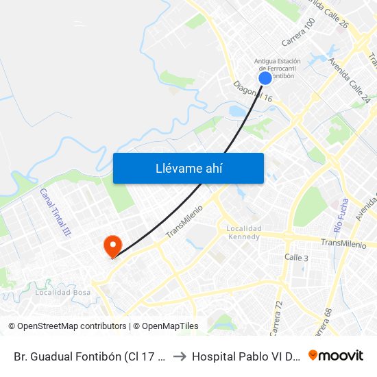 Br. Guadual Fontibón (Cl 17 - Kr 96h) to Hospital Pablo VI De Bosa map