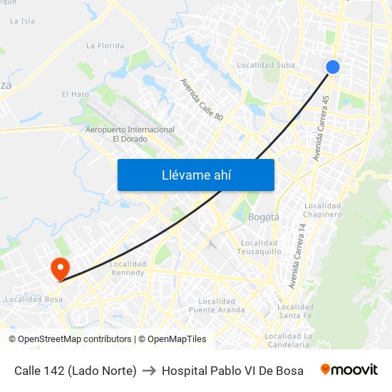 Calle 142 (Lado Norte) to Hospital Pablo VI De Bosa map