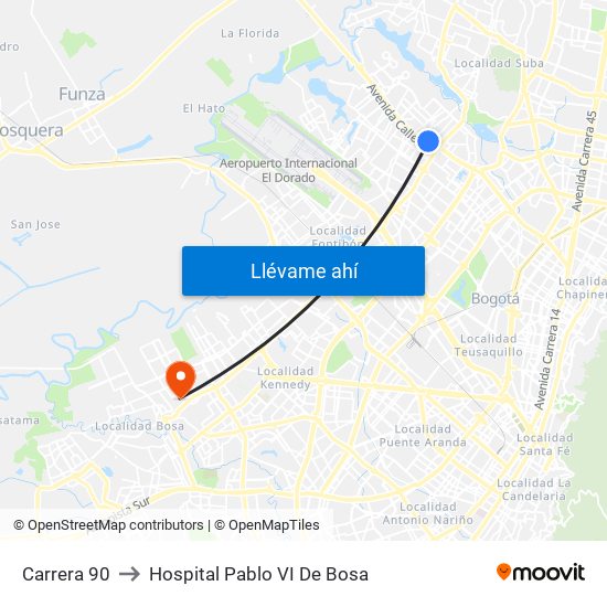 Carrera 90 to Hospital Pablo VI De Bosa map
