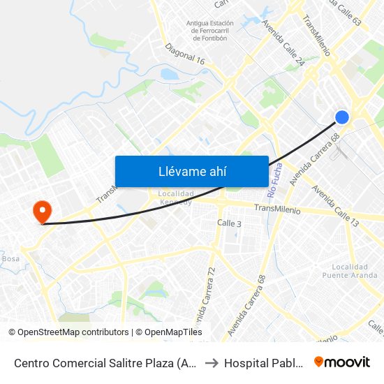 Centro Comercial Salitre Plaza (Av. La Esperanza - Kr 68a) to Hospital Pablo VI De Bosa map