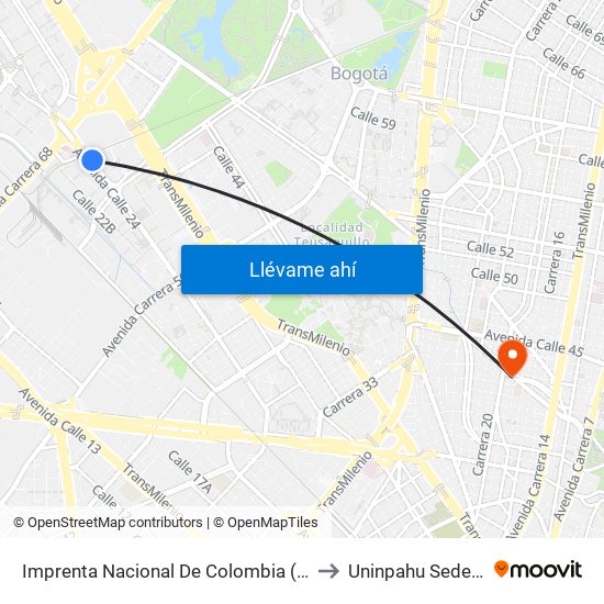 Imprenta Nacional De Colombia (Av. Esperanza - Kr 66) to Uninpahu Sede Cultural 10 map