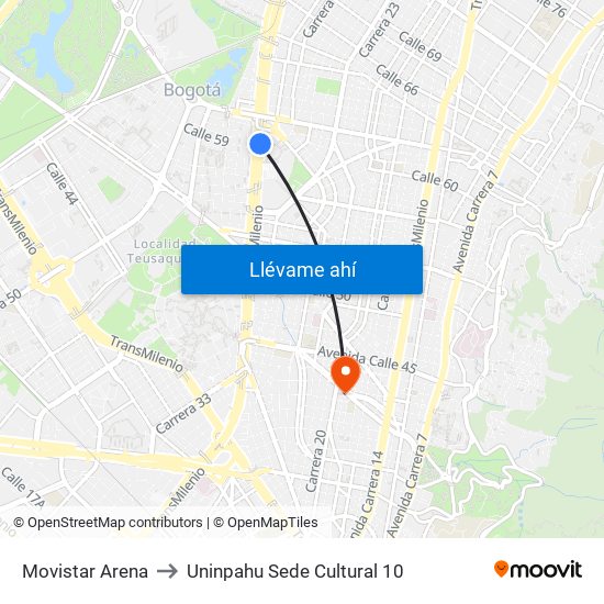 Movistar Arena to Uninpahu Sede Cultural 10 map