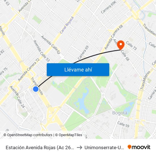 Estación Avenida Rojas (Ac 26 - Kr 69d Bis) (B) to Unimonserrate-Unión Social map