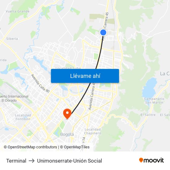 Terminal to Unimonserrate-Unión Social map