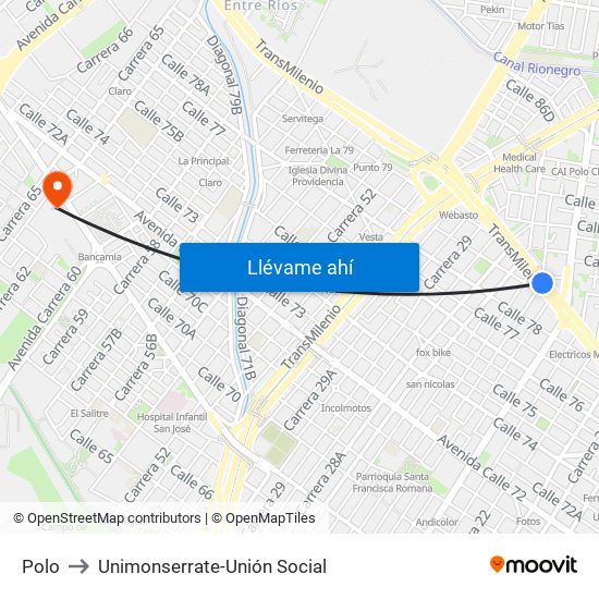 Polo to Unimonserrate-Unión Social map