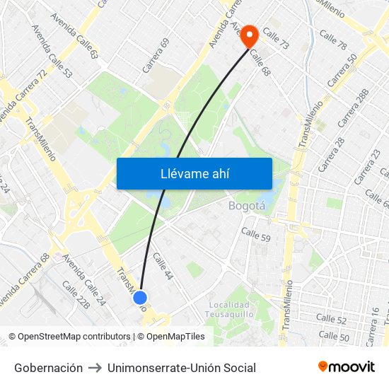 Gobernación to Unimonserrate-Unión Social map