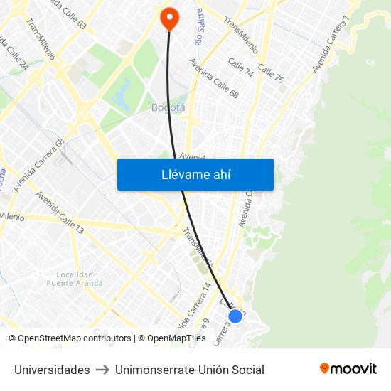 Universidades to Unimonserrate-Unión Social map