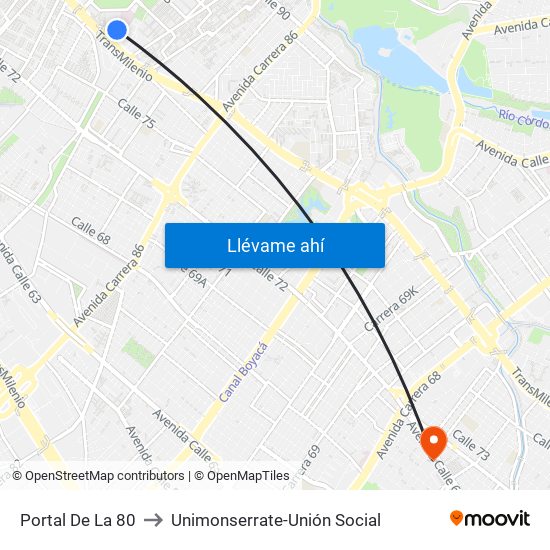 Portal De La 80 to Unimonserrate-Unión Social map