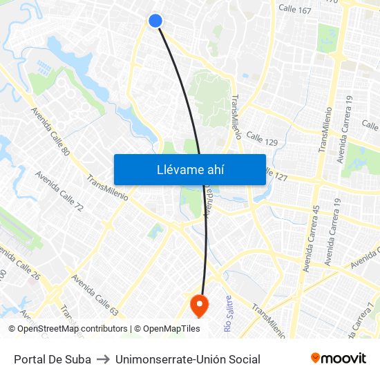 Portal De Suba to Unimonserrate-Unión Social map