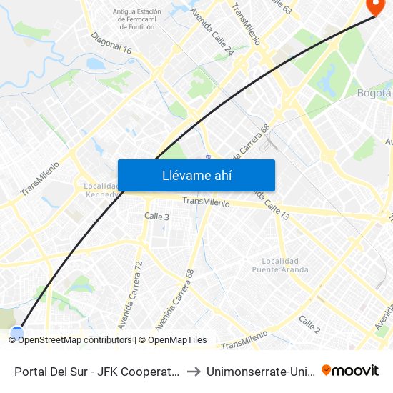 Portal Del Sur - JFK Cooperativa Financiera to Unimonserrate-Unión Social map