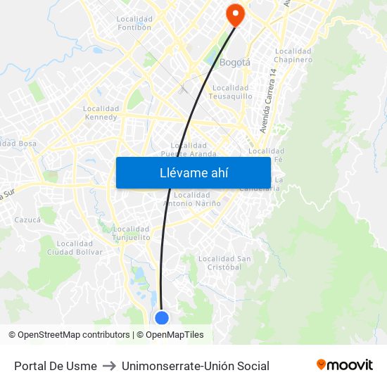 Portal De Usme to Unimonserrate-Unión Social map