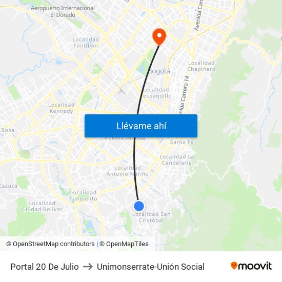 Portal 20 De Julio to Unimonserrate-Unión Social map