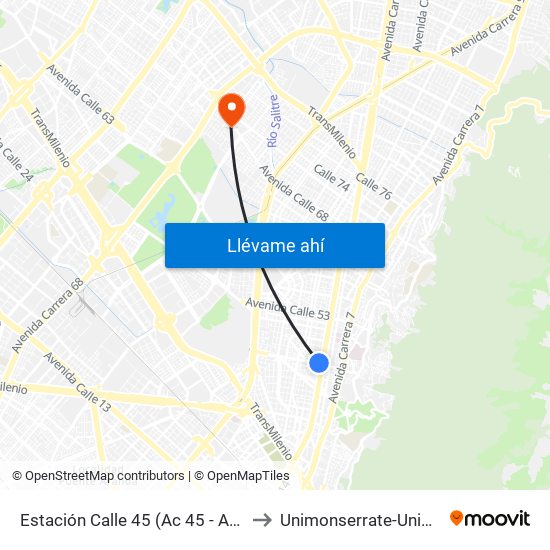 Estación Calle 45 (Ac 45 - Av. Caracas) to Unimonserrate-Unión Social map