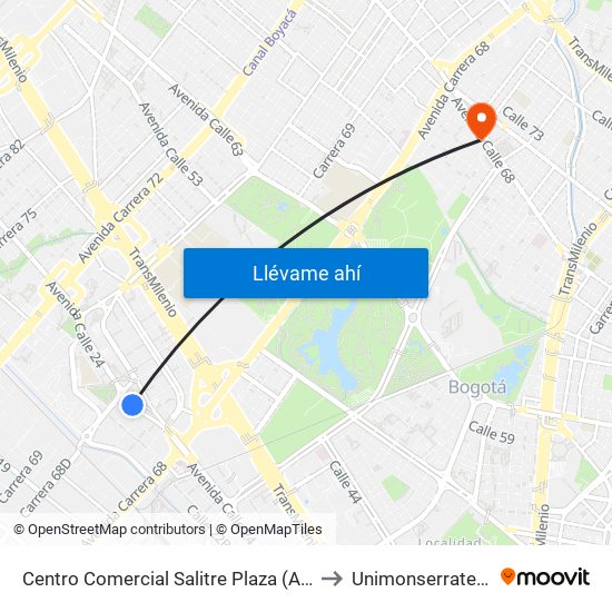 Centro Comercial Salitre Plaza (Av. La Esperanza - Kr 68b) to Unimonserrate-Unión Social map