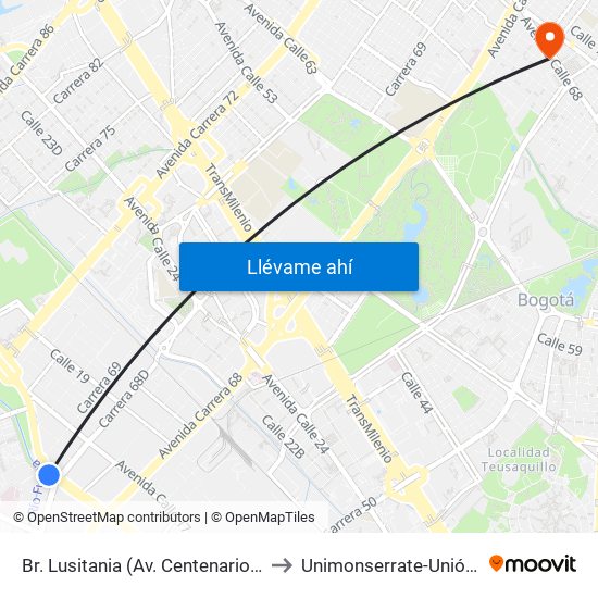 Br. Lusitania (Av. Centenario - Ak 68d) to Unimonserrate-Unión Social map