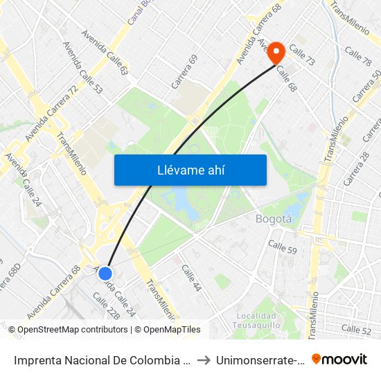 Imprenta Nacional De Colombia (Av. Esperanza - Kr 66) to Unimonserrate-Unión Social map