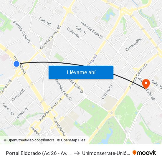 Portal Eldorado (Ac 26 - Av. C. De Cali) to Unimonserrate-Unión Social map